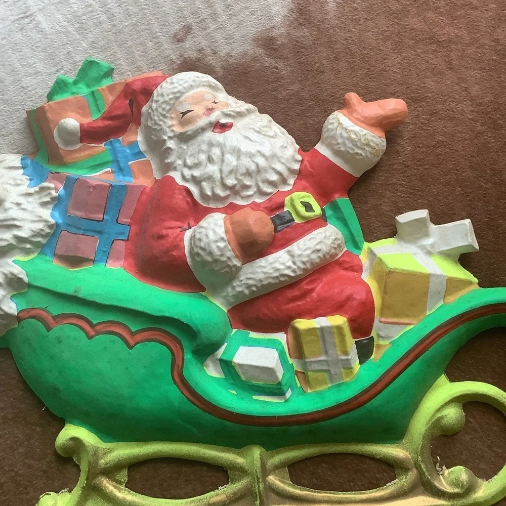 Vintage Plastic Santa Sleigh & Reindeer Wall Decoration 1960’s